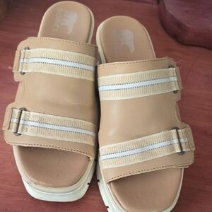 Sorel Tan Slide Sandals with Striped Straps